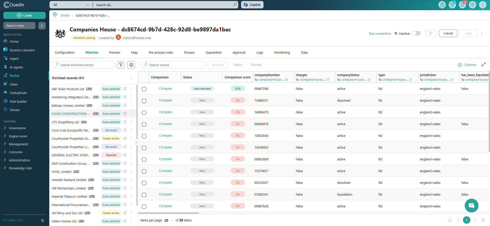 CluedIn enricher matches UI screenshot