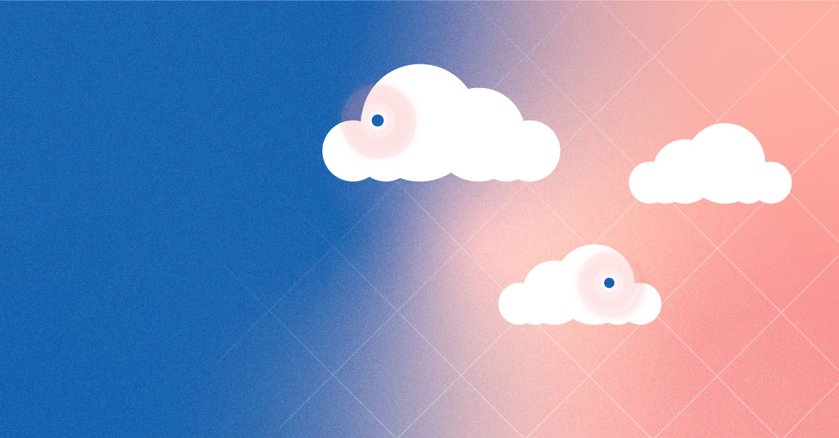 Cloud Native graphic showing 3 white clouds on top of a blue and pink gradient background