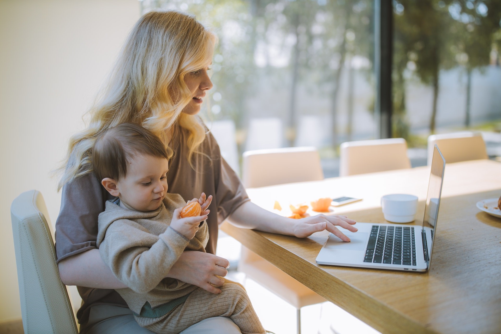 mother researching Master Data Management for the Insurance Industry on laptop with her child sitting on her lap